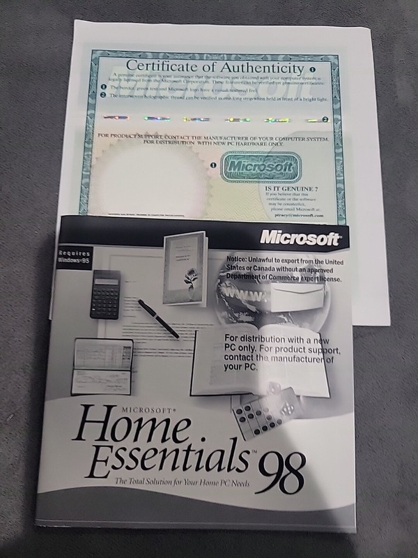 Microsoft Home Essentials 98 Disc, Manual, & Certificate Of Authenticity gallery
