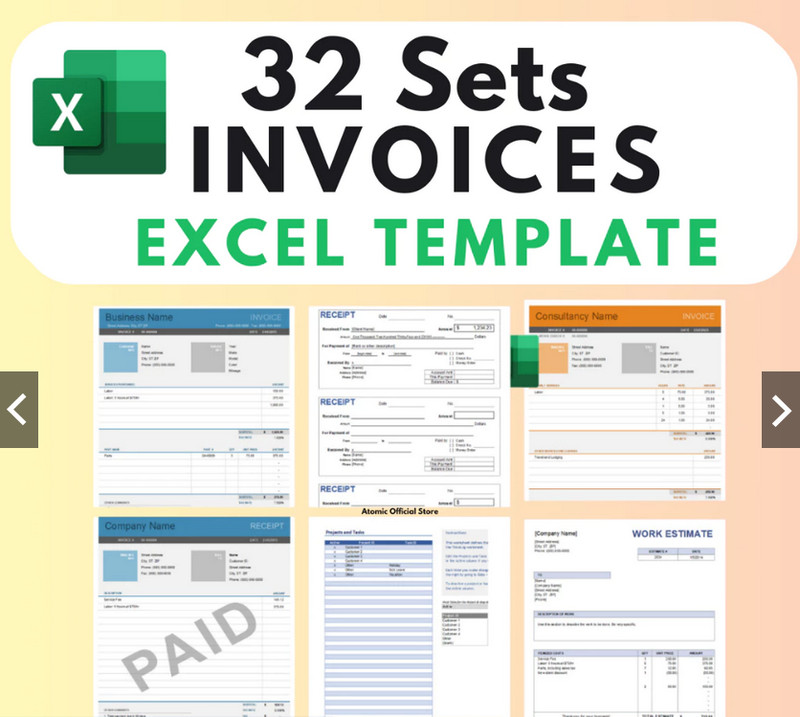 32 Set Invoices Excel Template Auto Calculation Invoices Purchase Order Quote