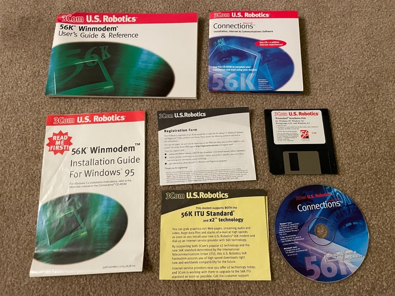 3Com US Robotics 56k Winmodem manual set and driver installation CD & floppy