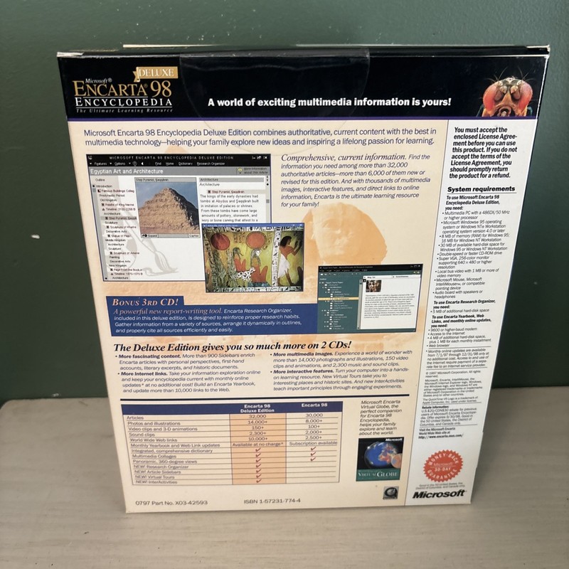 Microsoft Encarta 98 Encyclopedia Deluxe Edition PC Windows CD-ROM Sealed gallery