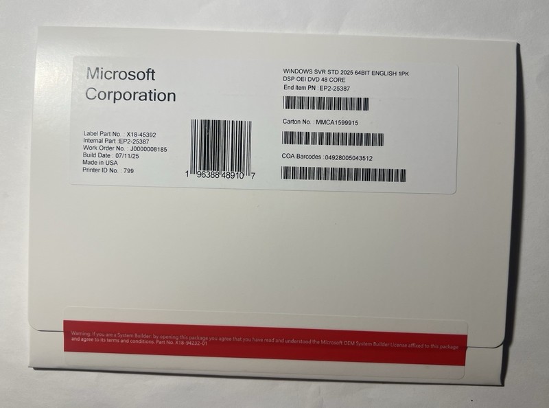 Microsoft Windows Server 2025 Standard 48 Core DVD+Sticker sealed (NEW)