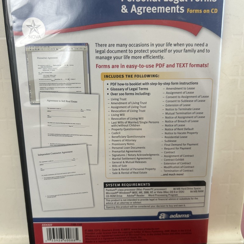 Personal Legal Forms & Agreements CD Adams Contracts Templates Software gallery
