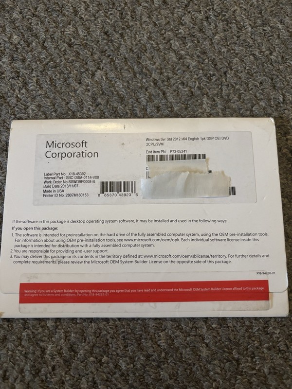 Microsoft Windows SVR STD 2012 x64 English Software DVD 2CPU/2VM