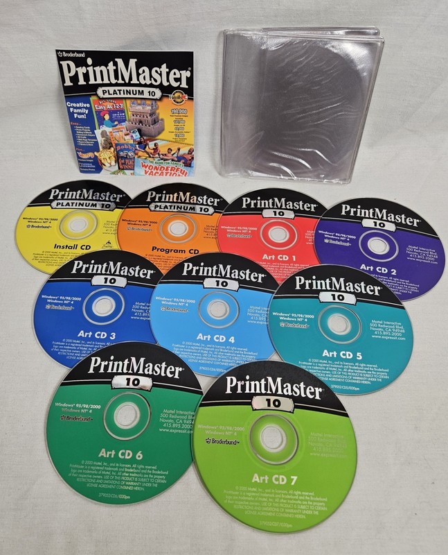 BRODERBUND Publishing Software (9) CDs: PRINTMASTER PLATINUM 10 – Win95/98/2000