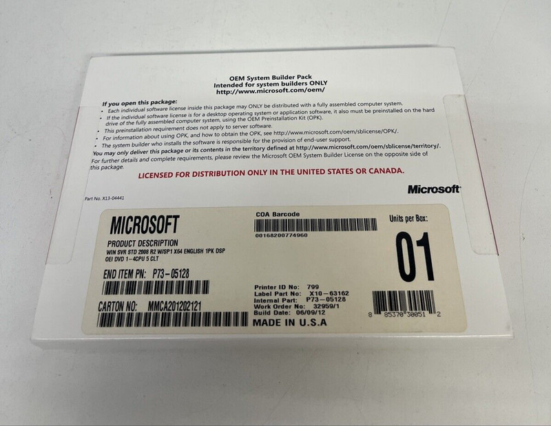 MICROSOFT WINDOWS SMALL BUSINESS SERVER STANDARD 2008 SP2 1-4CPU 5CLT OEM SYSTEM