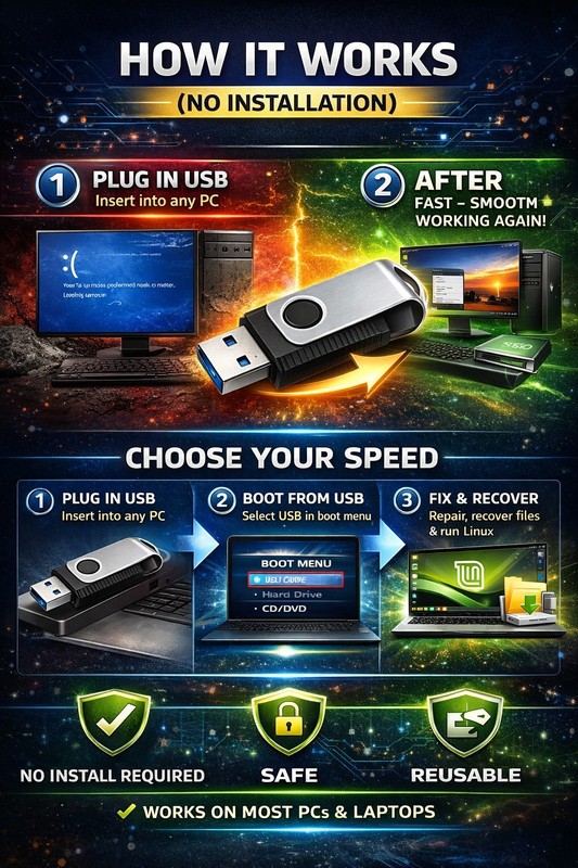 Bootable Linux USB 3-in-1 PC Repair Recovery Tool Cinnamon MATE Xfce Live OS Kit gallery