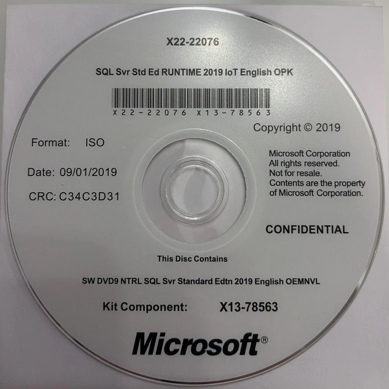 Microsoft SQL Server 2019 Standard IoT OEM w/ COA Key + Install Disc (OPK)