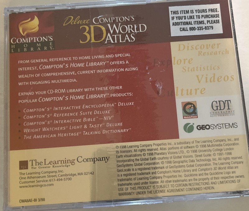 Compton's 3D World Atlas: Deluxe (PC,1998) The Learning Co.Geography. NEW. XH gallery
