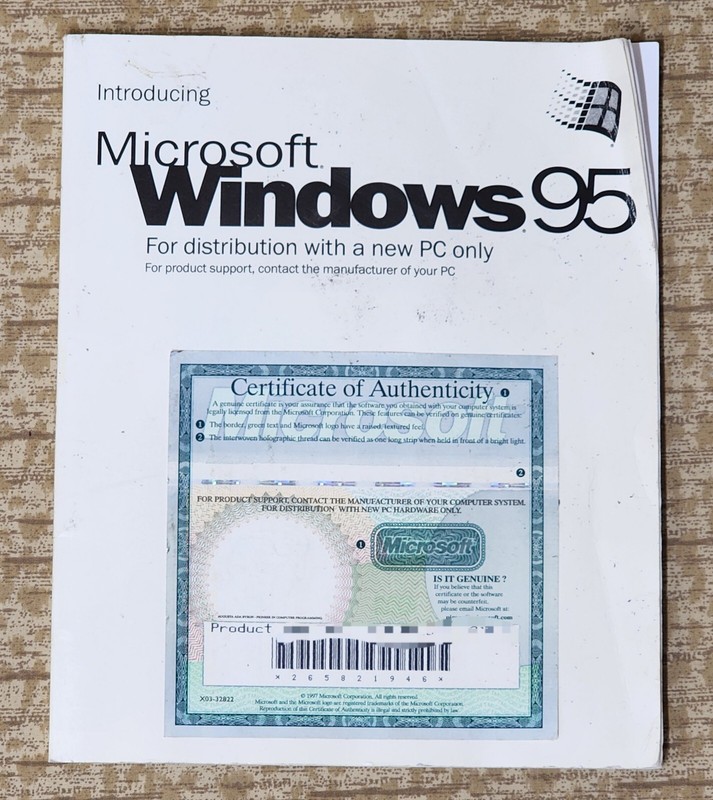 Microsoft Windows 95 Manual -Disc – COA for distribution with new PC – Book Only