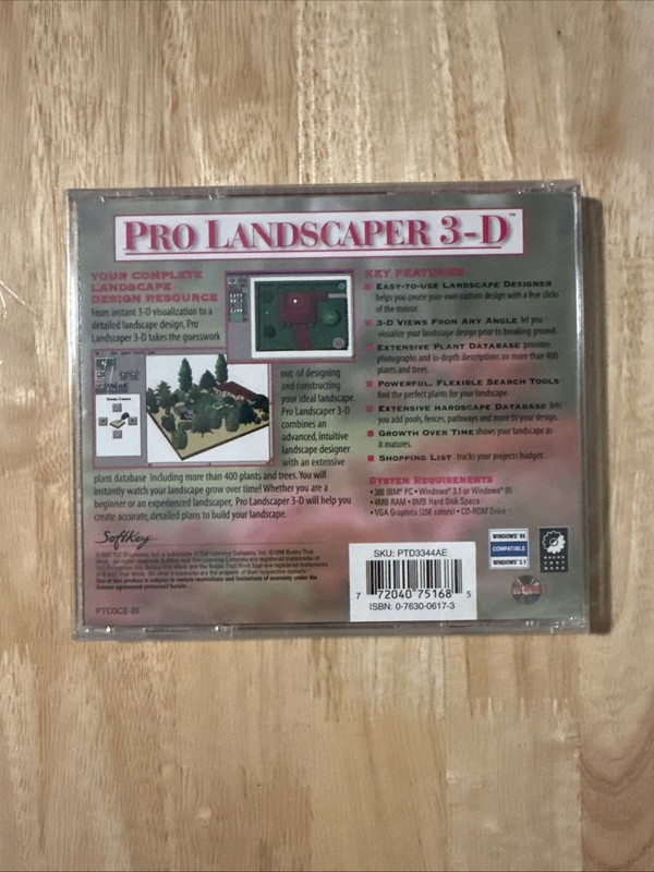 Pro Landscaper 3-D PC CD-ROM SoftKey Windows 3.1/95 Vintage Sealed Software gallery
