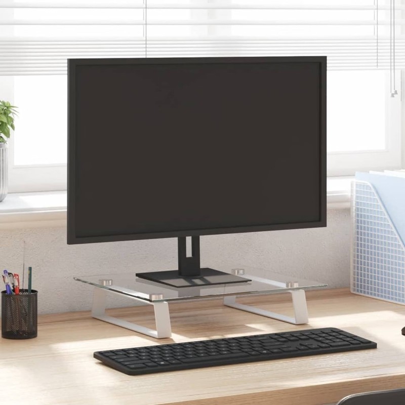 Monitor Stand White 15.7"x13.8"x3.1" Tempered Glass and Metal