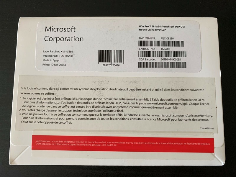Windows 7 Pro Professional SP1 X64 Bit – French DVD and Product Key