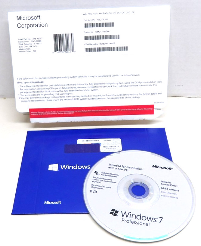 Microsoft Windows Win Pro 7 SP1 X64 English DVD Windows 7 Professional