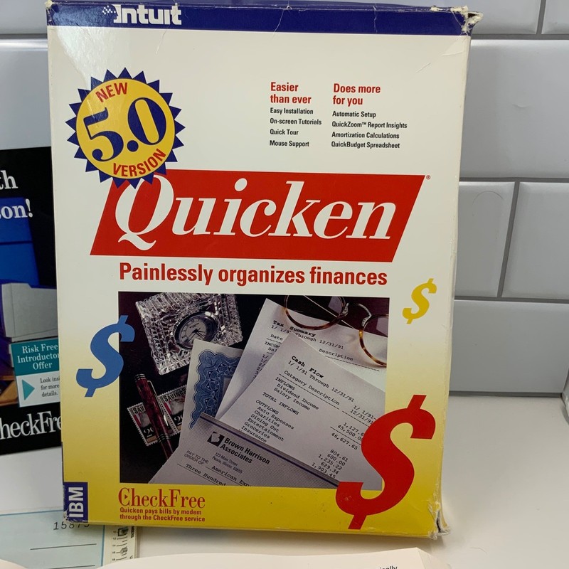 Vintage Intuit Quicken 5.0 IBM DOS Software Big Box 1991 Manual CheckFre No Disc gallery