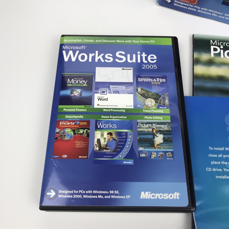 Microsoft Works Suite 2005 Productivity Money Picture It CD-ROM Win 98 2000 XP gallery