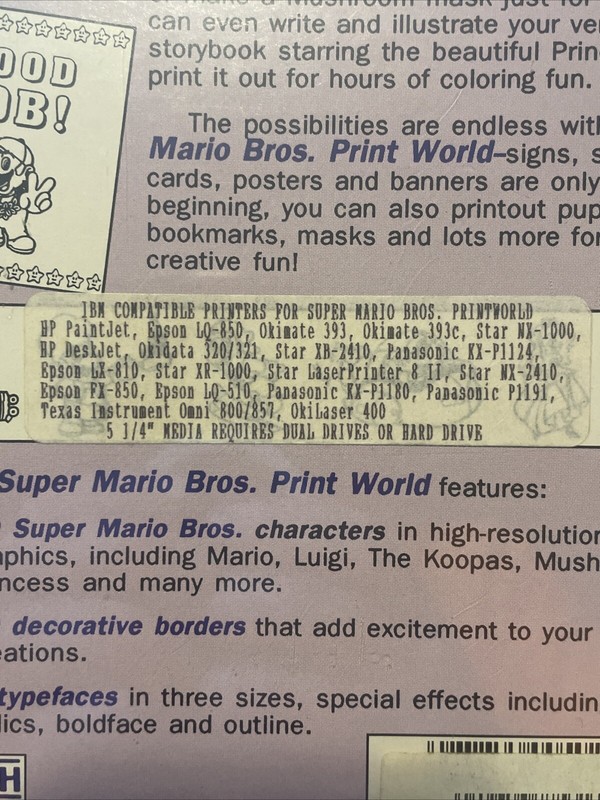 NEW RARE Super Mario Bros Print World IBM Tandy 5.25" Disk Big Box Nintendo 1991 gallery