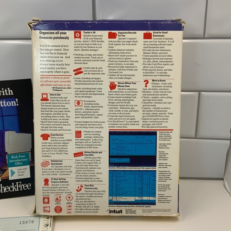 Vintage Intuit Quicken 5.0 IBM DOS Software Big Box 1991 Manual CheckFre No Disc gallery