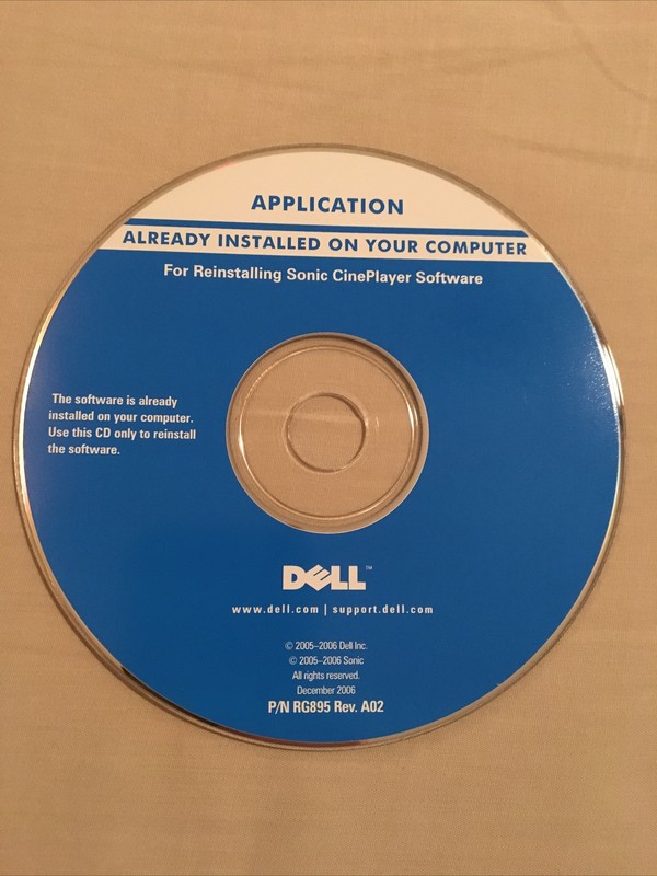 DELL Software disk CD for reinstalling Sonic CinePlayer Part P/N RG895 Rev. A02 gallery