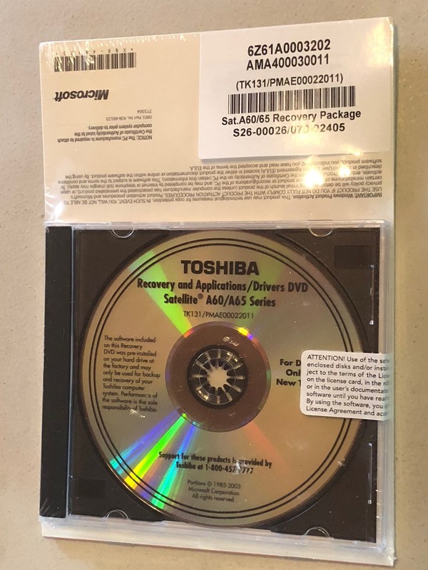 Toshiba Satellite A60 A65 Recovery Application DVD Windows XP Home NEW