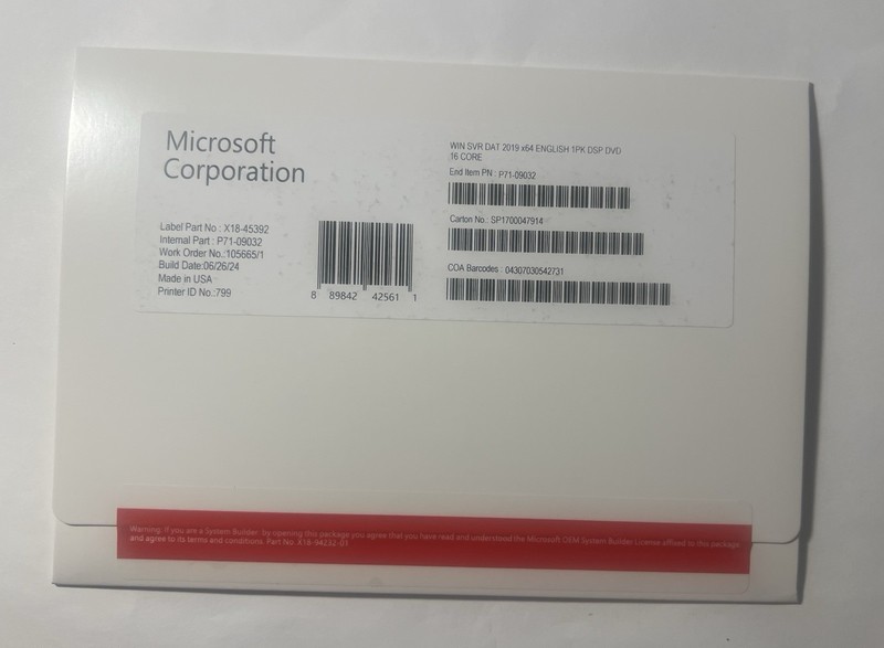 Microsoft Windows Server 2019 Datacenter 16 Core DVD + Key Sealed