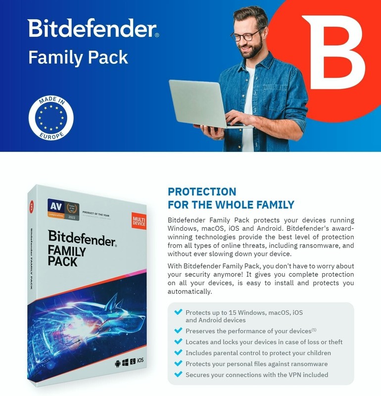 Bitdefender Family Pack – 2 Years | 15 Devices + VPN | Win/Mac/Android