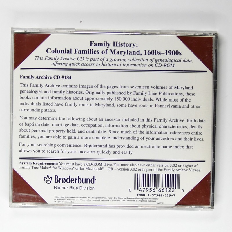 Broderbund Family Tree Maker CD # 184 Maryland Family Histories 1600s-1900s gallery