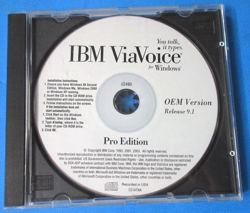 IBM ViaVoice “You Talk It Types” for Windows Release 9.1 Pro Edition w Earphones