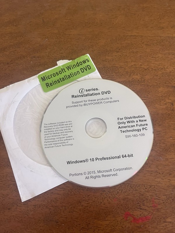 iBUYPOWER I Series Reinstallation DVD Microsoft Windows 10