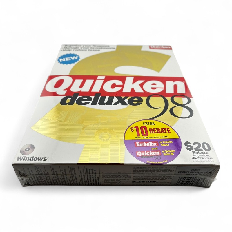 Quicken Deluxe 98 CD Windows Software Intuit Business Finance Vtg 1997 Sealed gallery