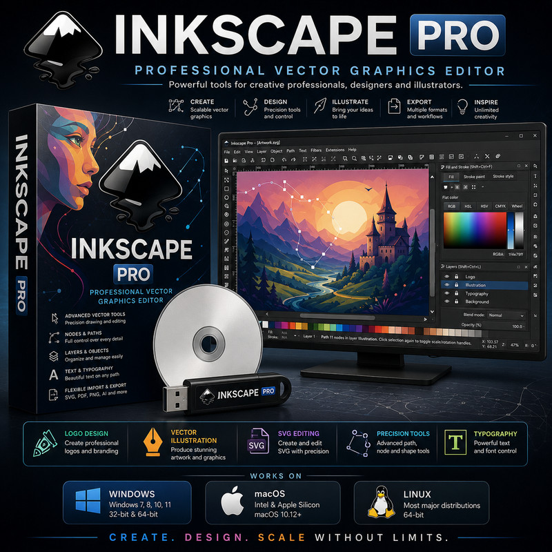 Inkscape Pro Vector Graphics Illustrator SVG Logo Design Software USB CD Mac