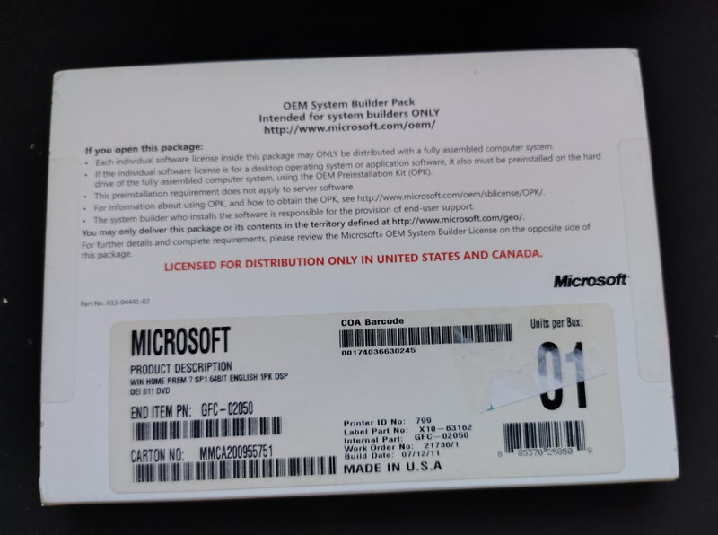 Microsoft OEM System Builders Pack Windows Professional 7 English 64-bit DVD B12