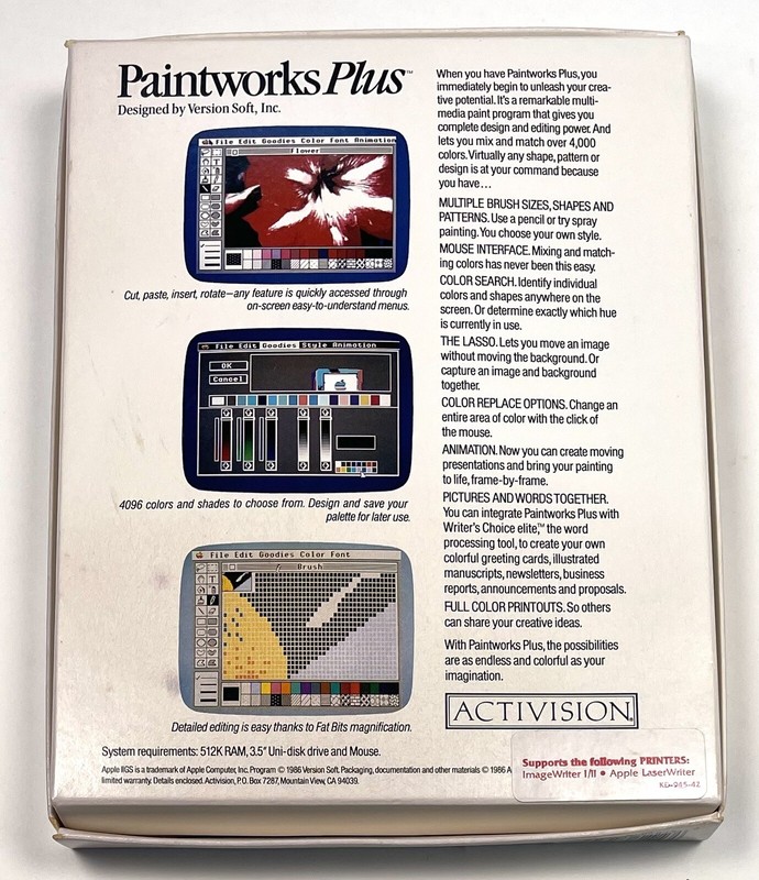 VTG 1986 ActiVision Apple II GS PAINTWORKS PLUS Software w/ Book COMPLETE EUC gallery