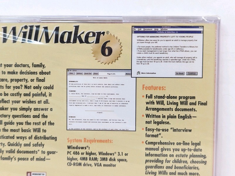 Willmaker 6 CD Legal Will Living Will Final Arrangements Win 3.1/95/98 1998 New gallery