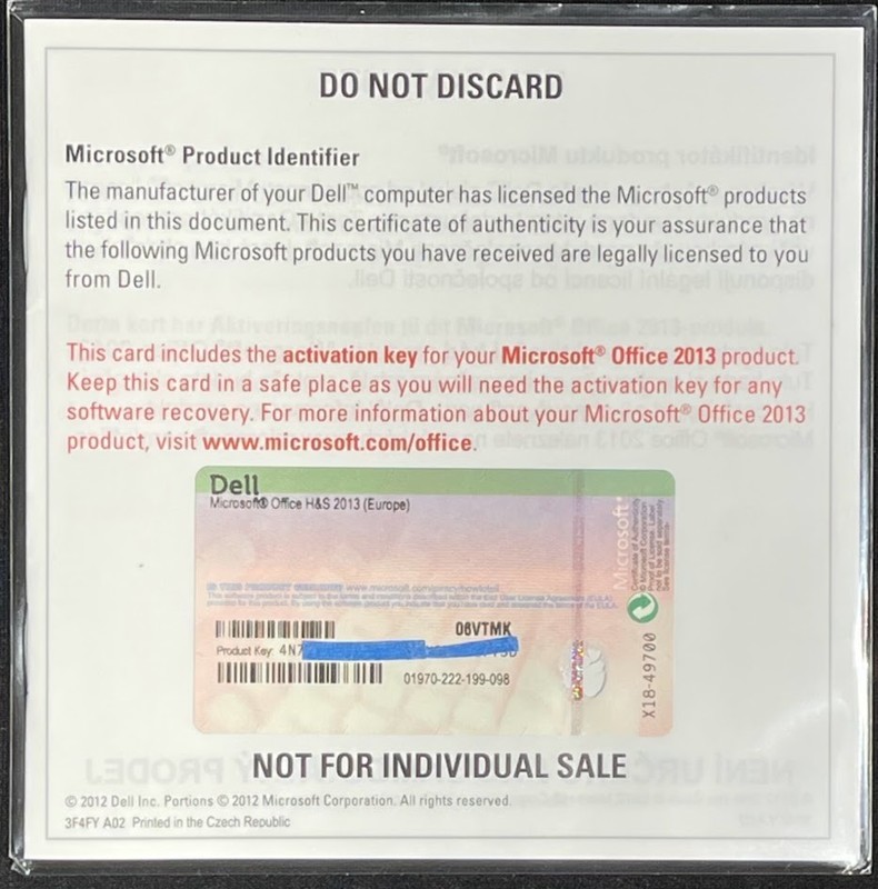 Dell / Microsoft Office H&S 2013 Certificate of Authenticity / Europe / 6VTMK