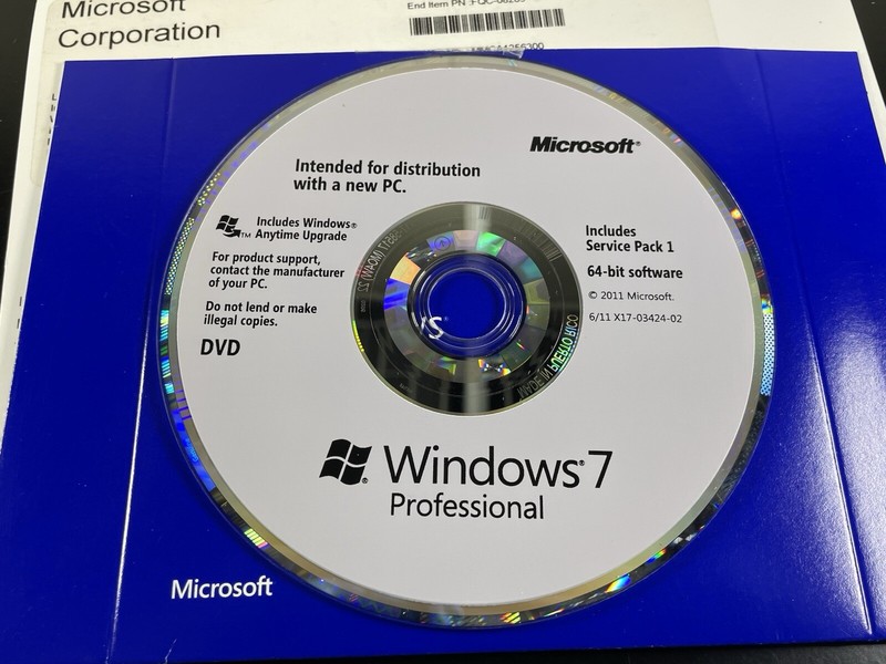 Microsoft Windows 7 Professional 64 SP1 Bit Full Version DVD W/ Product Key