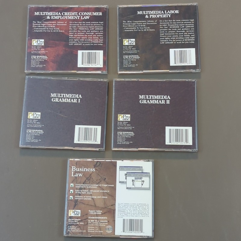 Lot Of 5 Various Pro One CDRoms. Personal Law Library, Essential Business Commun gallery