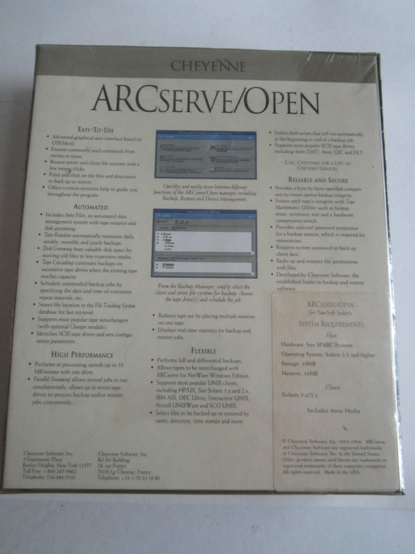 CHEYENNE ARCSERVE OPEN V2.0 FOR SUNSOFT SOLARIS - SO-OP20-B - BRAND NEW - SEALED gallery