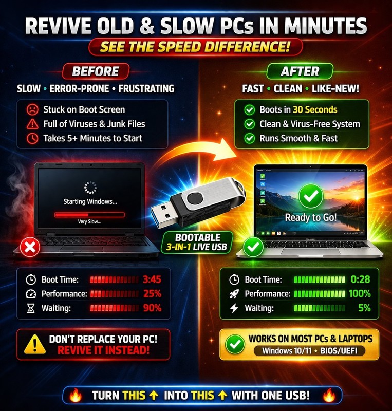 Bootable Linux USB 3-in-1 PC Repair Recovery Tool Cinnamon MATE Xfce Live OS Kit gallery