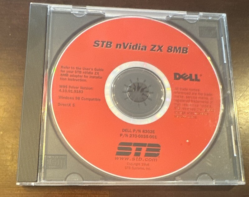 DELL STB Nvidia ZX 8MB – Driver CD – Dell p/N 8302E – P/N 270-0035-001 Win 95 98