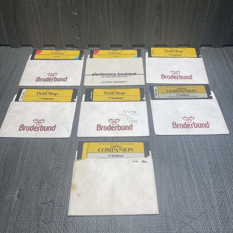Lot Of 7 The Print Shop Broderbund Windows IBM TANDY 1992 w/ Floppy Disks