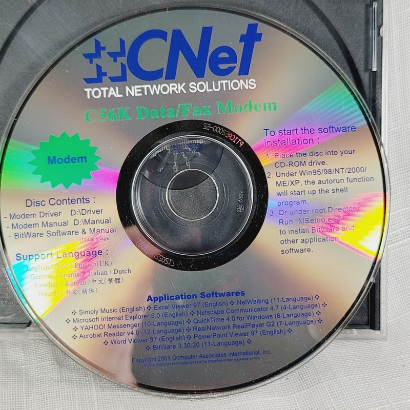 CNet Total Network Solutions C56K Data/Fax Modem Software Disc CD Rom 2001 gallery