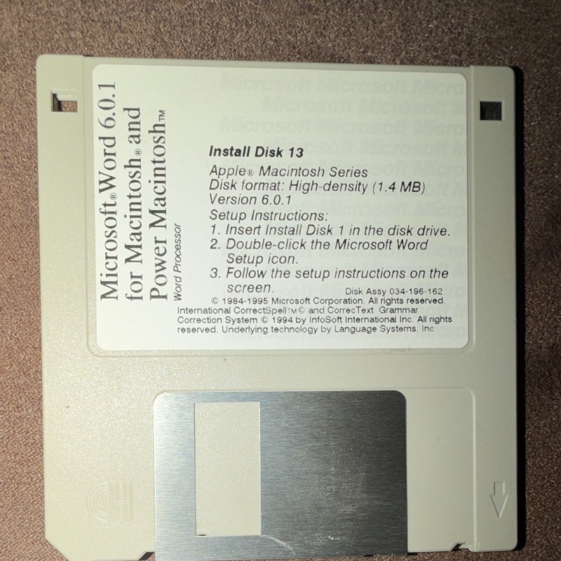 Microsoft Word 6.0.1 for Macintosh/Power Mac Install Disk 3.5″ HD 1.4MB 11/13