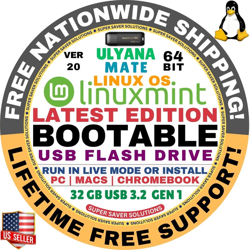 Linux MINT 20 USB Ulyana, Mate, 64-Bit Live Boot, Full Install for MAC, PC
