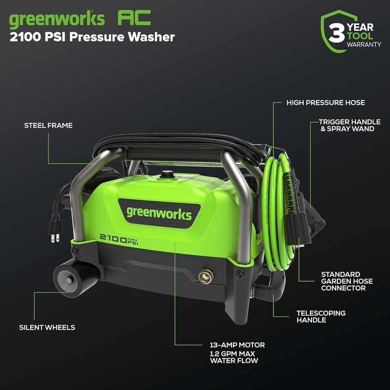 Hidrolavadora eléctrica compacta de 2100 PSI (certificación SGS), 1,2 GPM y 13 A gallery