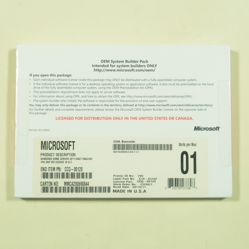 Microsoft Windows Home Server 2011 OEM System Builder Pack New Sealed