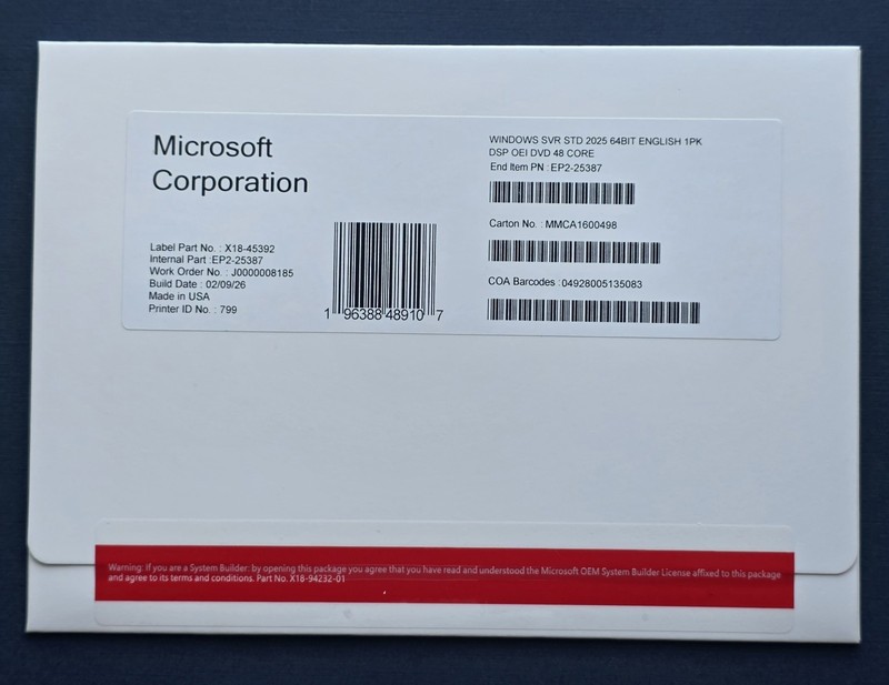 Microsoft Windows Server 2025 Standard 48 Core DVD+Sticker sealed (NEW)