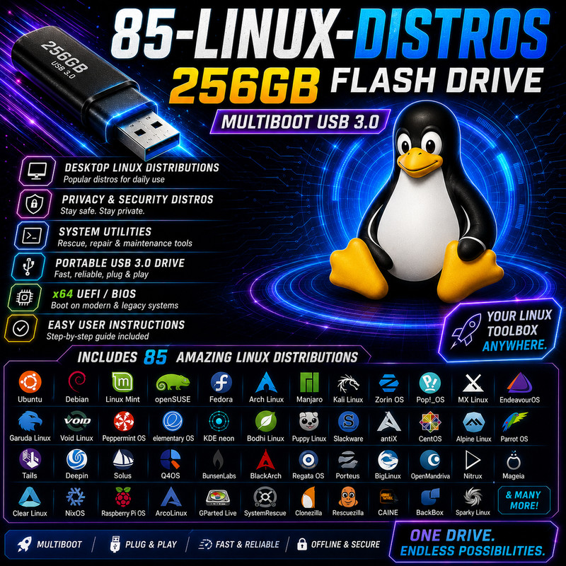 🔥 85-in-1 LINUX DISTROS MEGA PACK # 1 / Multiboot 256GB Master USB | FAST SHIP