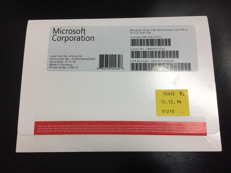 Windows Server 2012 / 2012R2 5 User Extension License / VAT Invoice.