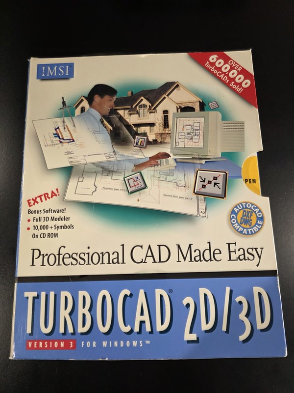 TurboCAD 2D/3D Version 3 FAT BOX – Manuals, Disks, CDs – Vintage IMSI – Windows