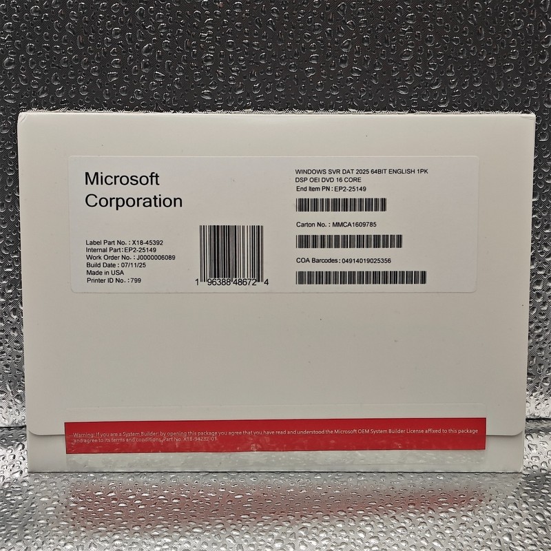 Microsoft Windows Server 2025 Datacenter – Genuine OEM License (16 Core)
